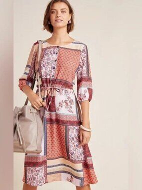 Aldomartins Patchwork Print‎ Midi Shirt Dress with Drawstring